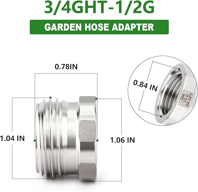 TAISHER 5PCS 304 Stainless Steel Garden Hose Adapter, Hex Bushing 3/4" GHT Male x 1/2" BSP Female Garden Hose Connector