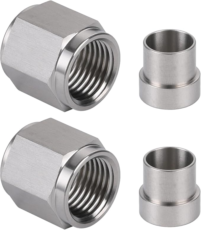 8AN Hardline Stainless Steel Tube Nut and 3/8 Sleeve Fitting for 3/8" OD Tubing, 2 Sets