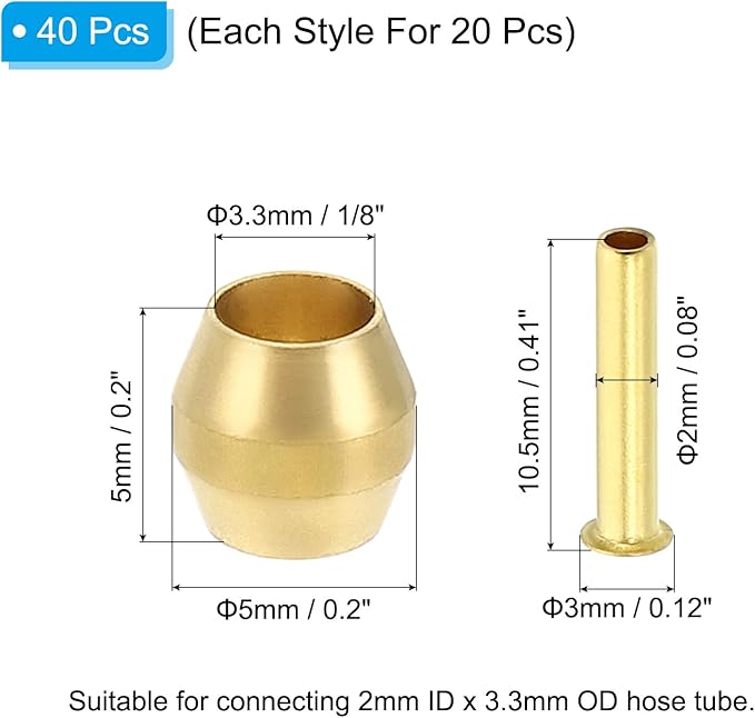 PATIKIL Brass Compression Sleeves Ferrules for 1/8 Inch OD Hose Tube, 40 Pack Brass Ferrule Brass Compression Insert Fitting Assortment Kit for Air Water Gas Pipe