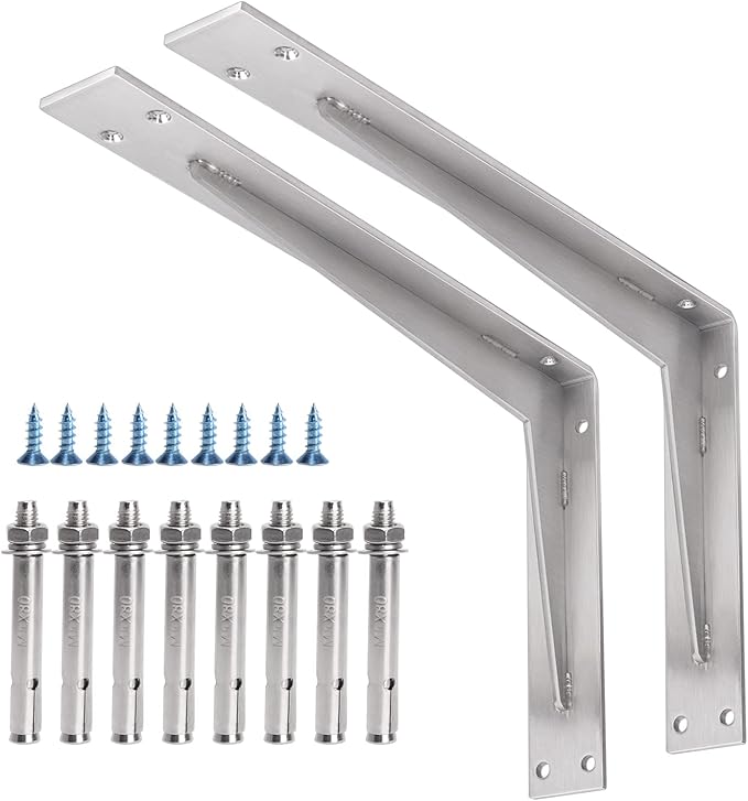 YUMORE Shelf Bracket Heavy Duty 16x10x2 in, 1/5IN Extra Thick Solid L Brackets Stainless Steel Countertop Bar Top Support Brackets Wall Mounted, Includes Hardware, 2 Pack