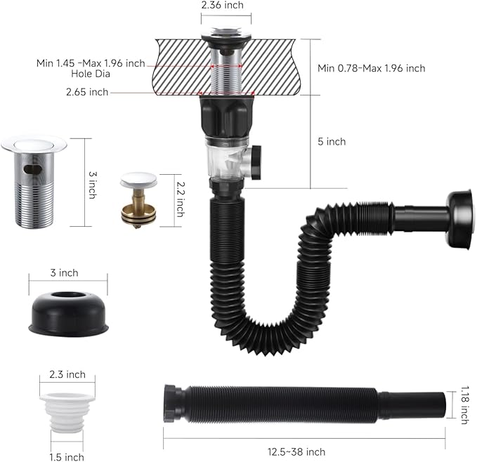 Flexible Sink Drain Pipe Kits,Adjustable Bathroom Sink P Trap with Overflow Fits 1-1/4",1-1/2"and 2" Drain Hole,Chrome