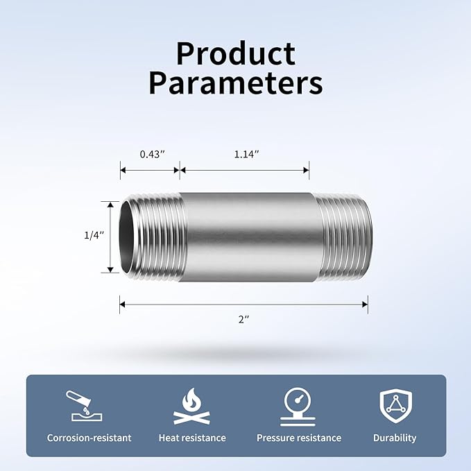 1/4"x2" 304 Stainless Steel Pipe, 1/4" NPT x 1/4" NPT Male Threaded Nipple, SCH40 Heavy Duty Pre-Cut Steel Pipe for Plumbing Gas, Hydraulic, and Industrial Applications(2", 4 Piece)