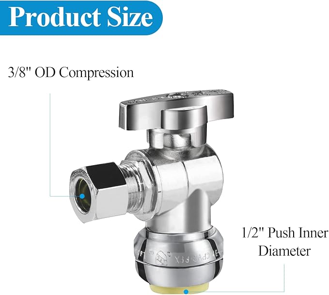 WiseWater Push to Connect Angle Stop Valve 1/2" Push x 3/8" Compression, 1/4 Turn for Quick Shut Off, Chrome Plated Brass with Disconnect Clip, for PEX, Copper, CPVC Pipes (Pack of 5)