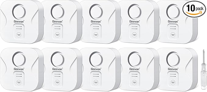 Geevon 10 Pack Water Leak Detectors for Home, 100dB Water Sensor Alarm Flood Leakage Detection Devices for Bathroom, Basements, Laundry Rooms, Kitchen, IP56 Waterproof(Battery＆Screwdriver Included)