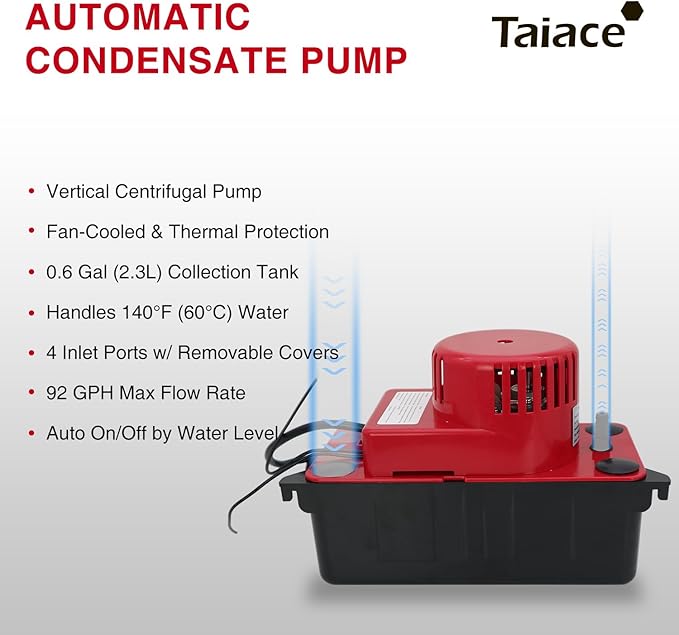 Professional Condensate Pump 115V/120V, 79GPH Flow & 15ft Lift, Auto Safety Switch for HVAC/AC/Dehumidifier/Furnace, Quiet with 20ft Tubing & 2 x Hose Clamp