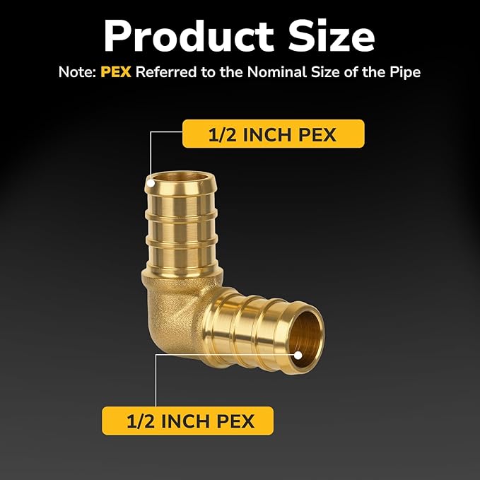Pex Fittings, 1/2" Pex 90 Degree Elbow, Heavy-Duty Brass Crimp Fittings for PEX Pipes with Leak-Resistant Construction, NSF & UPC Certified, 5-Pack