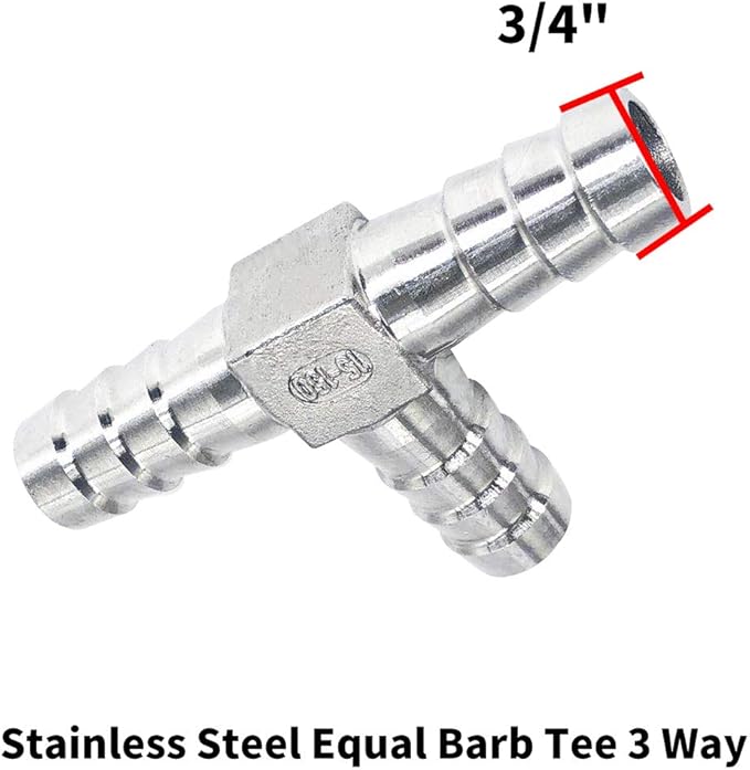 3/4" Tee Hose Barb Fitting Stainless Steel Equal Barb 3 Way T shaped Splitter Joint Connector Adapter Union Fitting for Fuel Gas Liquid Air
