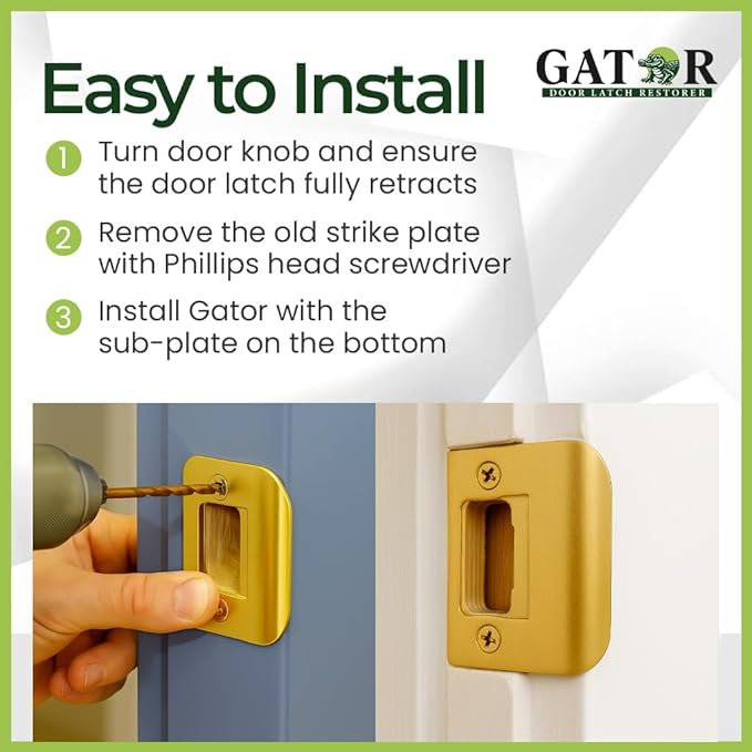 Gator Door Strike Plate with Screws, – 2-1/4" by 1-3/4" Universal Latch Restorer Alloy Steel Lock Hardware for Interior and Exterior Doors, Replacement Door Latch Plate | Bright Brass 4-Pack