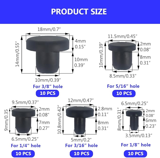 50 PCS Silicone Plugs Rubber Hole Plugs Rubber 1/8" 3/16" 1/4" 5/16" 3/8" Stopper for Round Holes Waterproof Hole End Covers Soft Flexible Stopper Sealing Plugs Pipe Holes Test Tube Plugs