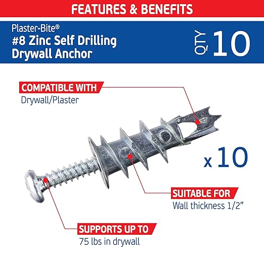 Zinc Plaster Bite Self-Drilling Drywall Anchors w/Screws (10 Anchors & 10 Screws) – Heavy Duty Zinc Hollow Wall Anchor Kit for 3/8", 1/2", 5/8" Drywall – 75 lbs Holding Strength