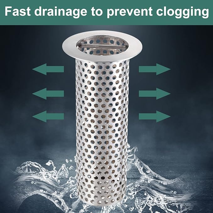 Commercial Floor Drain Strainer, 3 1/2" Lip Diameter x 6" Tall Perforated Cylindrical Mesh 316 Stainless Steel Drain Strainer with Carry Handle for Restaurant/Factory/Kitchen/Laboratory