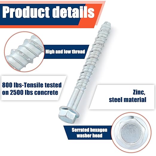 Tandefio 40 Pack 1/2" x 5" Concrete Screw Anchor Galvanized Large Diameter Heavy Duty Plated Concrete Anchors for Masonry Brick Anchoring Block Decking Framing Hex Drive