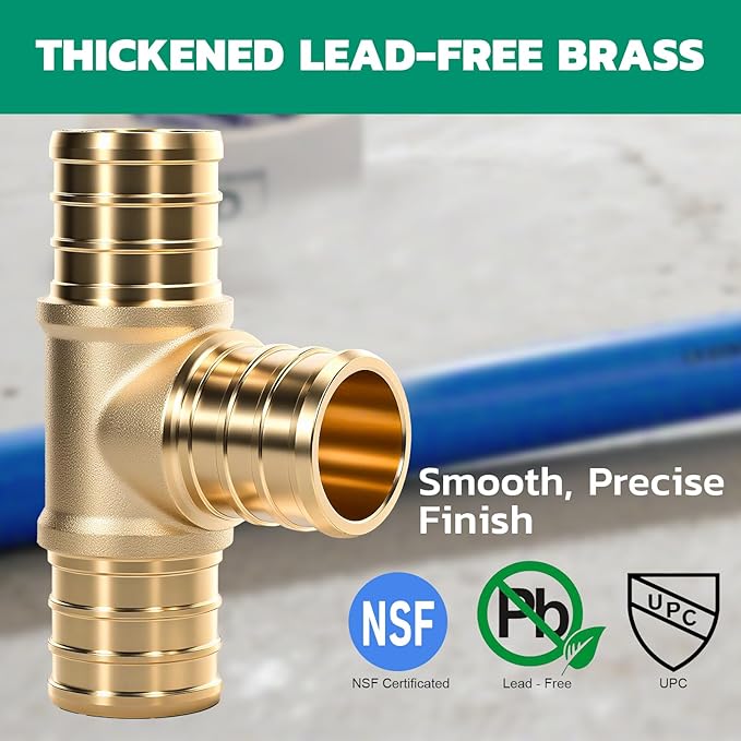 PEX Fittings 3/4 Inch, 12PCS Tee Lead-Free Brass Connectors for PEX B Pipe, NSF UPC Certified, ASTM F1807, Compatible with Crimp/Clamp Rings (Hot/Cold Water, Hydronic Heating)