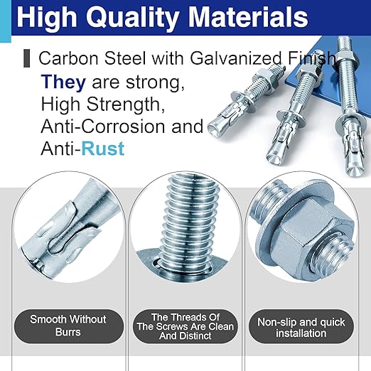 10Pcs 5/16" × 3-1/8" Concrete Anchor Bolts, Zinc Plated Carbon Steel Wedge Anchors for Cement, Brick, and Masonry