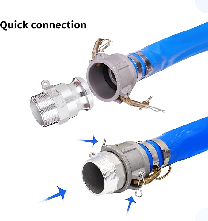 1-1/2" x 100ft PVC Lay Flat Discharge Hose With Aluminum Camlock C & E Fittings, Cam Lock Fitting Type F included, Heavy Duty Reinforced Pump Backwash Hose Assembly