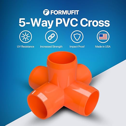 FORMUFIT 3/4" 5-Way Cross Furniture Grade PVC Fitting in Orange, Made in USA, UV-Resistant, Impact-Proof, 1.050” Actual Socket Diameter (Pack of 8) - F0345WC-OR-8