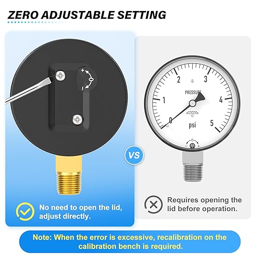 MEANLIN MEASURE 0-5Psi Diaphragm Type Capsule Low-Pressure Gauge, Water Column Gauge, 2.6" Dial, 1/4" NPT, Rear Adjustable Knob, with 1/2" NPT and 3/8" NPT Hex Bushing, Lower Mount