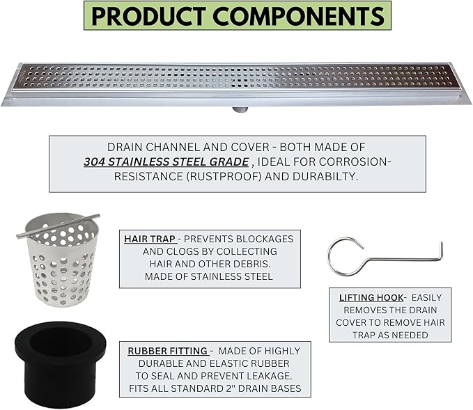 SereneDrains 304 Stainless Steel Brushed Nickel Linear Shower Drain Kit Traditional Square Linear Shower Drains for Tile Floor Long Hair Catcher Strainer Grate Cover Bathroom (16 Inch)
