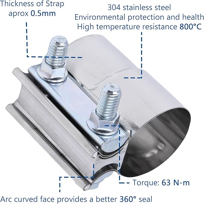 Exhaust Pipe Clamp 2.0 Inch Butt Joint Exhaust Clamp for 2" ID to 2" OD Pipe with Seal Band Clamp Sleeve 3 Inch Width 304 Stainless Steel (2PCS)