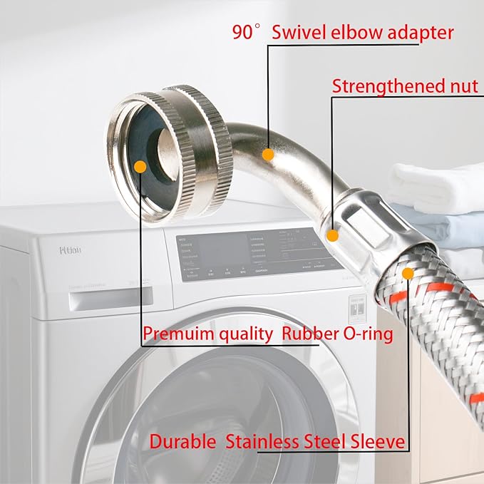 WHK 2 Pack 10ft Washing Machine Hoses Stainless Steel Washer Hoses with 90 Degree Elbow Washer Hot and Cold Water Hose Connection Inlet Washer Supply Lines