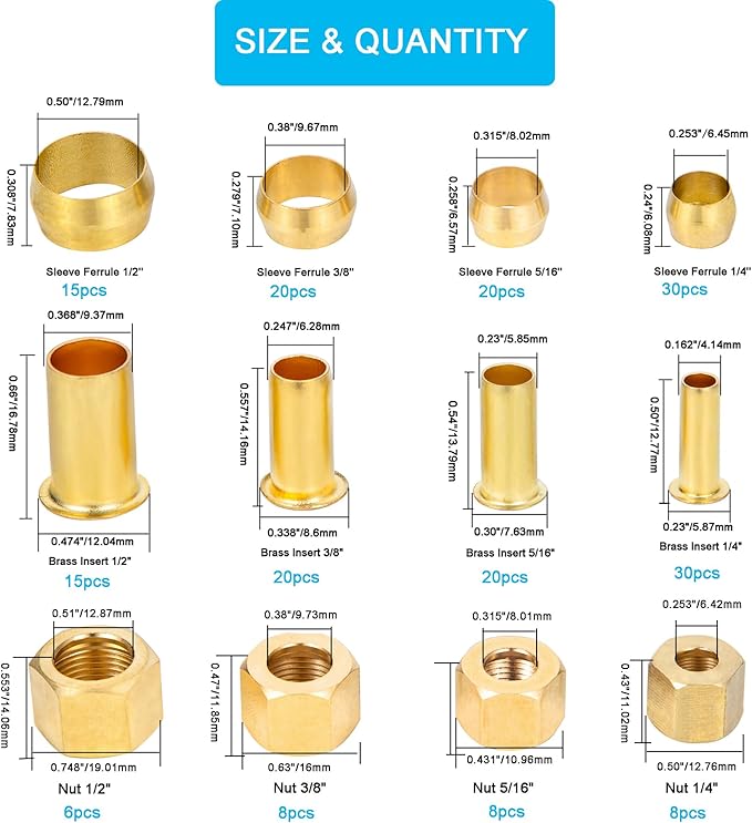 1/4", 3/8", 5/16", 1/2" OD Brass Compression Insert,Sleeve Ferrule,Nut 200PCS