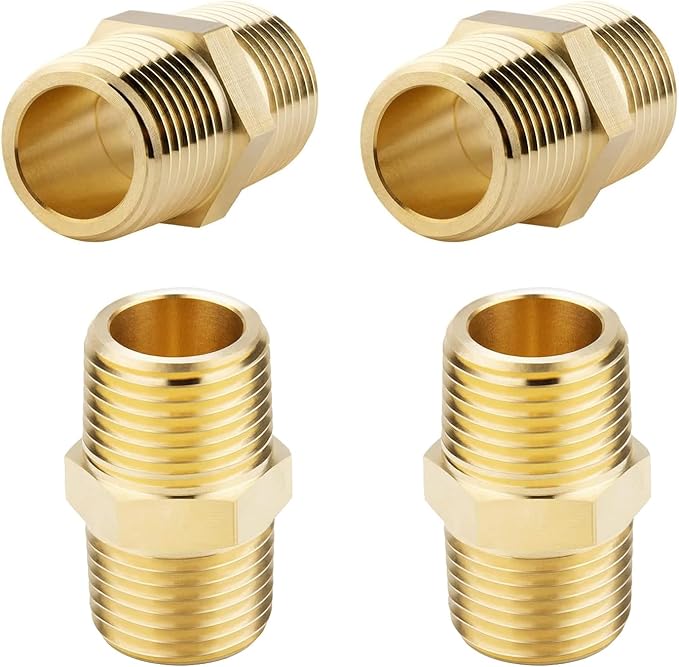 4PCS Hex Nipple 1/2"NPT x 1/2" NPT Male Solid Brass Pipe Fitting, 1/2 inch Brass nipple Male Threaded Pipe Adapter Fittings Equal Nipples Connectors Couplings