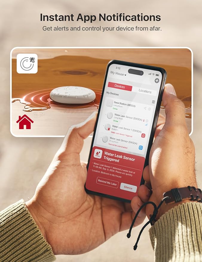X-Sense Wi-Fi Water Leak Detector Kit, Smart Water Sensor Alarm with App Alerts and Ultra-Slim Design, Water Alarm Leak Detector for Basements, 4 Water Sensors and 1 Base Station, Model SWS0A41