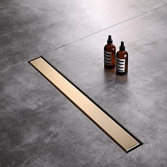 Linear Shower Floor Drain, Brushed Gold 12 Inch 304 Stainless Steel Bathroom Drains Kit, Rectangular Shower Trench Drain with Reversable Tile-in Pattern Drain Cover & Hair Catcher