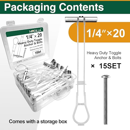 15 Pcs 1/4"-20 Toggle Bolts for Drywall, Heavy Duty Metal Strap Anchors Hold Up to 260 lbs, Wall Mounting Kit for TV, Cabinets & Shelves