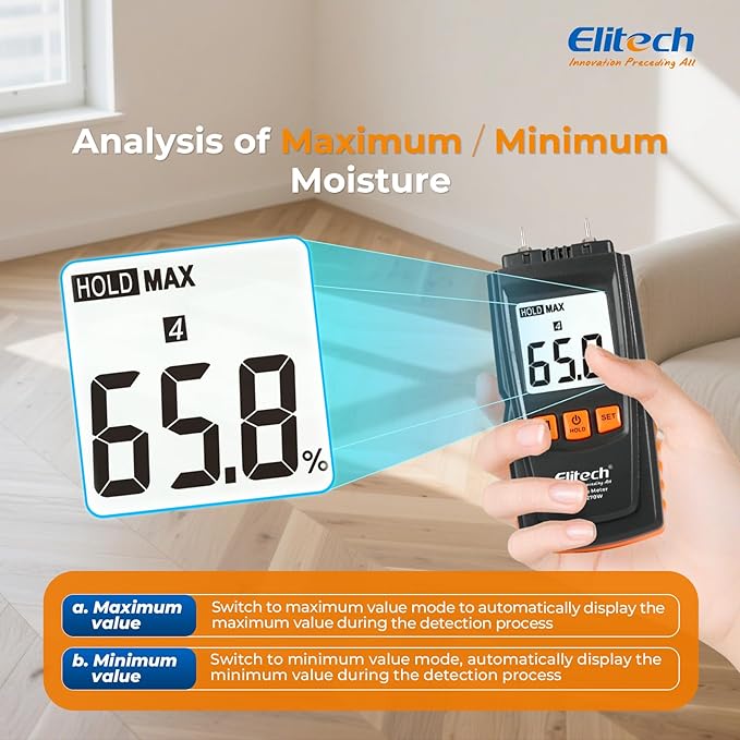 Elitech Digital Moisture Meter Water Leak Detector with Pin Probes, Moisture Tester for Wood Floors Walls with 4 Wood & Material Modes, Hold Function, Max/Min Reading MOT-270W