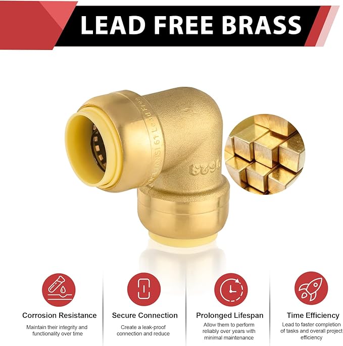 (Pack of 2) EFIELD 3/4-inch 90-Degree Elbow, Push-Fit Brass Fittings to Connect Copper, PEX, CPVC Pipe with 3/4" Disconnect Clip,(PF-UNI010)