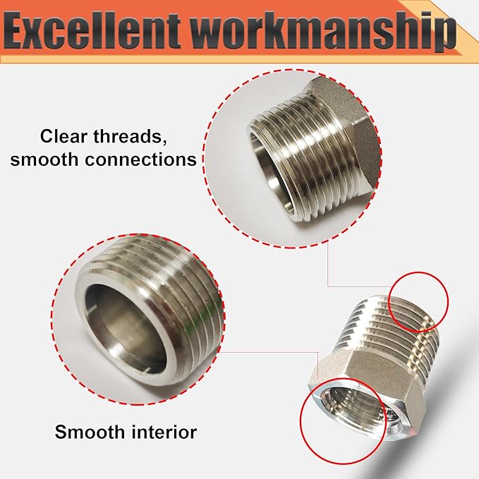 1/2" NPT Male to 1/4" NPT Female Reducer Bushing, 304 Stainless Steel Pipe Hex Bushing NPT Male to Female Reducing Adapter Pipe Fitting for Reducing Pipe (1/2mnpt x 1/4fnpt)