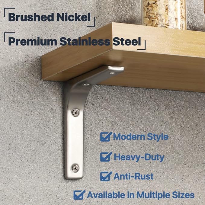 SAYAYO Heavy Duty Floating Shelf Bracket 4 Inch x 4 Inch, Stainless Steel Wall Shelf Brackets & Supports Brushed Nickel L Bracket, Angle Brackets Corner Brace for Wood, 4Pcs