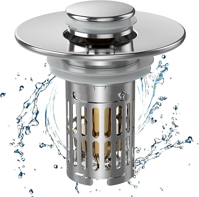 Bathroom Sink Drain Strainer, Pop Up Sink Drain Filter with Removable Stainless Steel Filter Basket Hair Catcher, Sink Drain Strainer, for Us Bathroom Sink Stopper Replacement