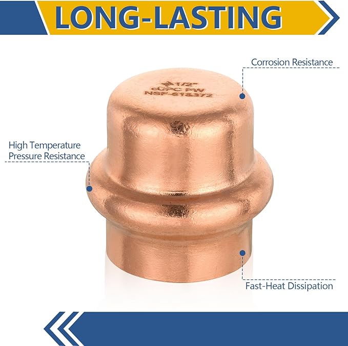 100-Pack GUOFIS Copper Press End Cap, 1/2" x 1/2" Plug Fittings for Copper Tube Connection with Stop(PRESS020-100Pack)