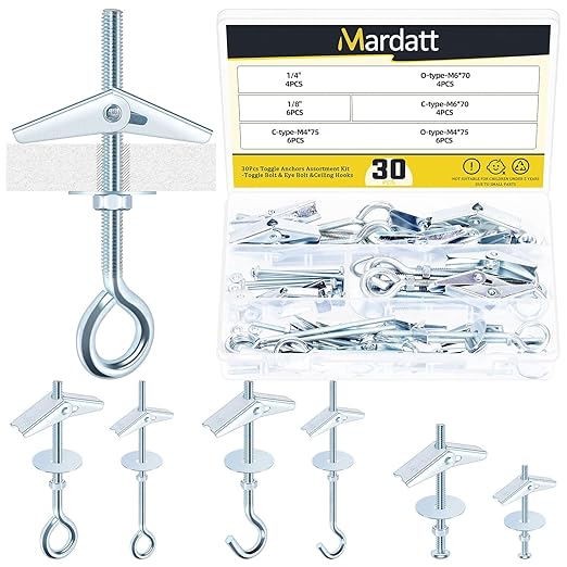 30Pcs 3 Types Toggle Bolts Assortment Kit, M4 M6 Toggle Bolt Eye Bolt Butterfly Anchors and 1/4", 1/8" Butterfly Toggle Anchors, Drywall Anchors with Wing Nut for Hanging Lamps Heavy Items