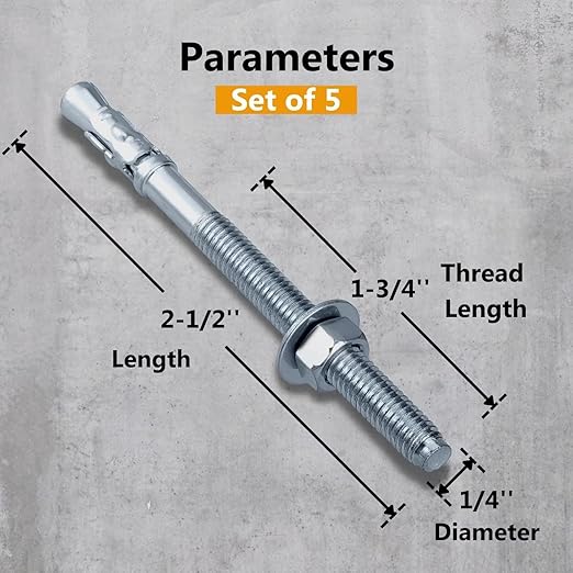 Party Animals 1/4 x 2-1/2 Inch Wedge Anchor, 5 PCs Zinc-Plated Industrial Anchor Bolts for Cement, Concrete