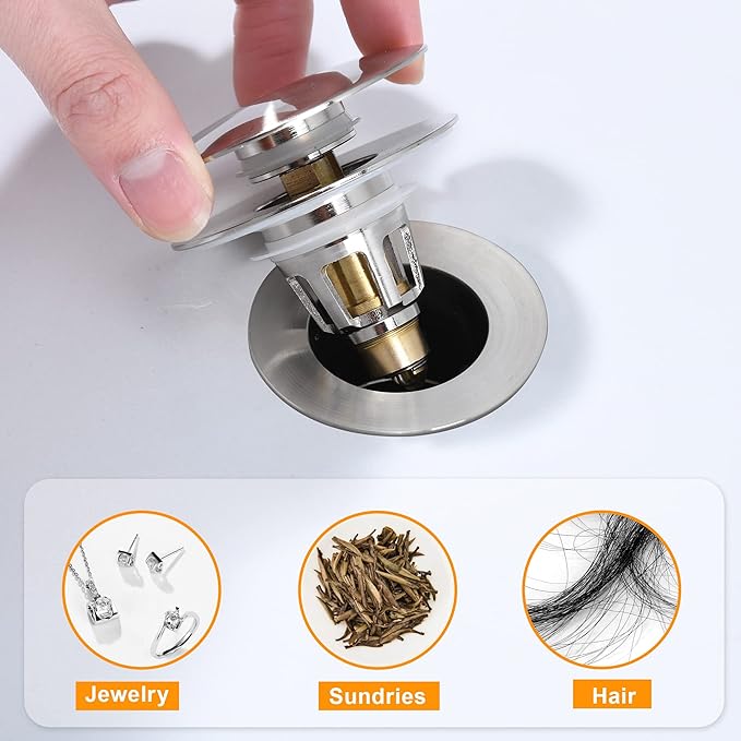 Bathroom Sink Drain Stopper 1.1~1.5 Inch, Universal Pop Up Sink Stopper, Anti-Clogging Sink Drain Strainer with Hair Catcher, Bounce Push Type Sink Drain Filter (Brushed Nickel)