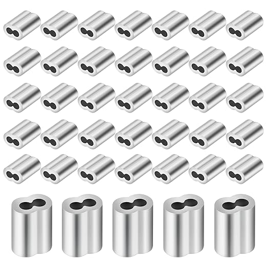 3/16" (50 PCS) Aluminum Wire Rope Sleeves, Crimping Loop Sleeve for 5mm Diameter Cable and Wire Rope, Double Barrel Crimp Sleeves Cable Ferrule for DIY, Fishing, Home & Crafts