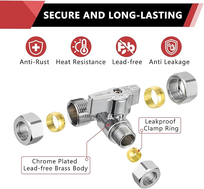 (Pack of 5) EFIELD 1/4-Turn Compression Stop Tee Valve, 1/2" NOM (5/8" OD) x 1/2" NOM (5/8" OD) x 3/8 inch Chrome Plated Brass,(VALVE247-5PCS)