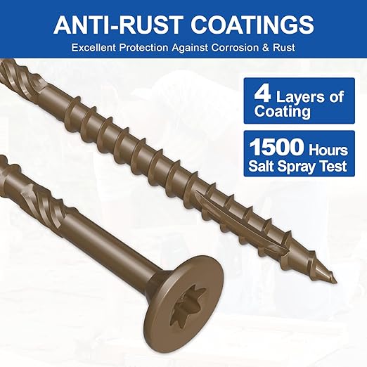 #10 x 3” Deck Screws, 500Pcs Star Drive Wood Screws, Rust Resistant Timber Screws for Timber/Log/Landscaping Wood, T25 Star Bit Included, Brown