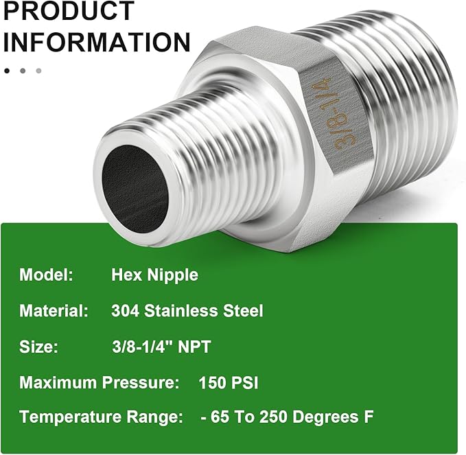 TAISHER 10PCS 304 Stainless Steel New Hex Nipple, 3/8" NPT Male x 1/4" NPT Male, Reducing Pipe Adapter Fitting