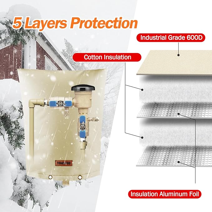 Backflow Preventer Pipe Insulation Cover (5°F) - Irrigation Sprinkler Valve Insulated Pouch - Water Well Pump Cover - Sturdy 5 Layers for Winter Freeze Protection, 14" W x 18" H, Beige