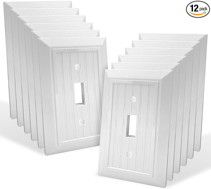 Classic Retro Wood Grain Design Style, Modern Decorative Light Switch Cover Plate, Pure White Rocker Outlet Covers Wall Plates Mid-Size (1-Gang Single Toggle 12 Pack)