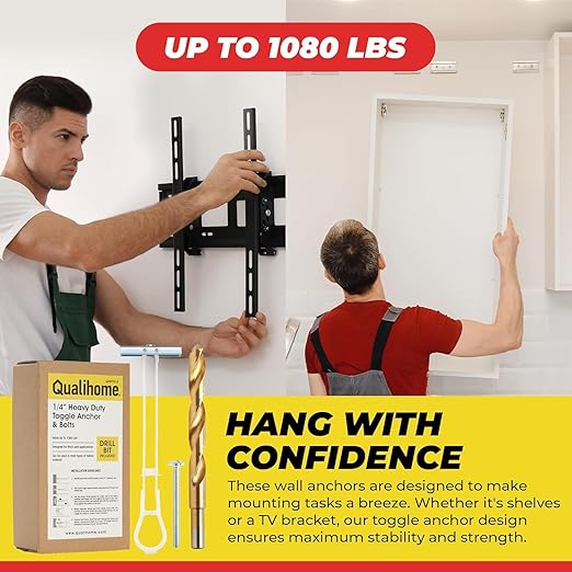 1/4”-20 Quick Easy Heavy Duty Toggle Anchors with Bolts - Hollow Wall Anchors with Steel Wings, Adjustable Up to 2 1/2" Thick Wall, Holds Up to 1080 Lbs, Heavy Duty Drill Bit Included (6 Pack)