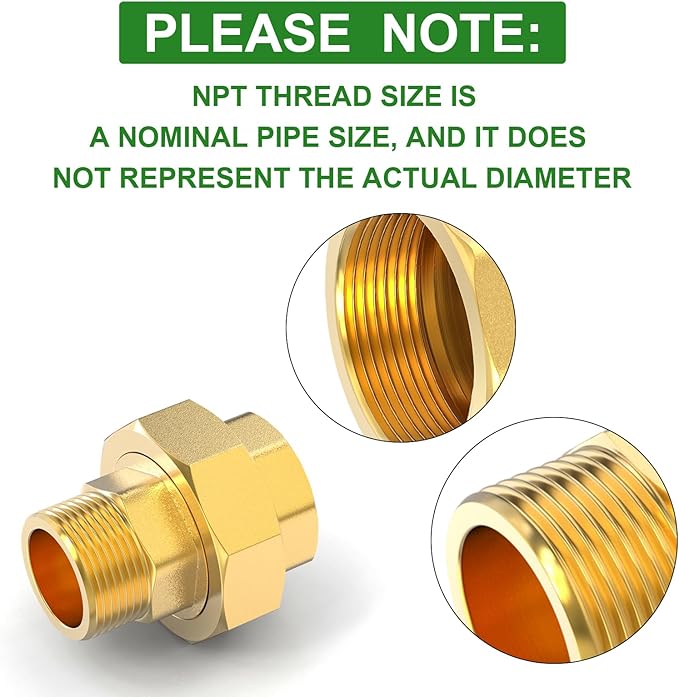 TAISHER 2PCS Brass Union，3/4" NPT Male x 3/4" NPT Female Brass Pipe Fitting