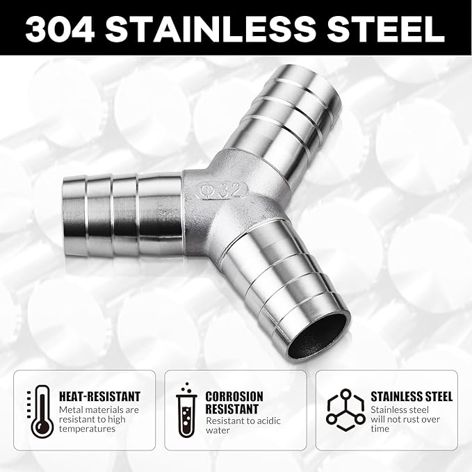 304 Stainless Steel 5/8" Barb x 5/8" Barb 3 Way Tee Y Shape Joint Splicer Mender Fitting Union for Water, Fuel, Air - 2PCS