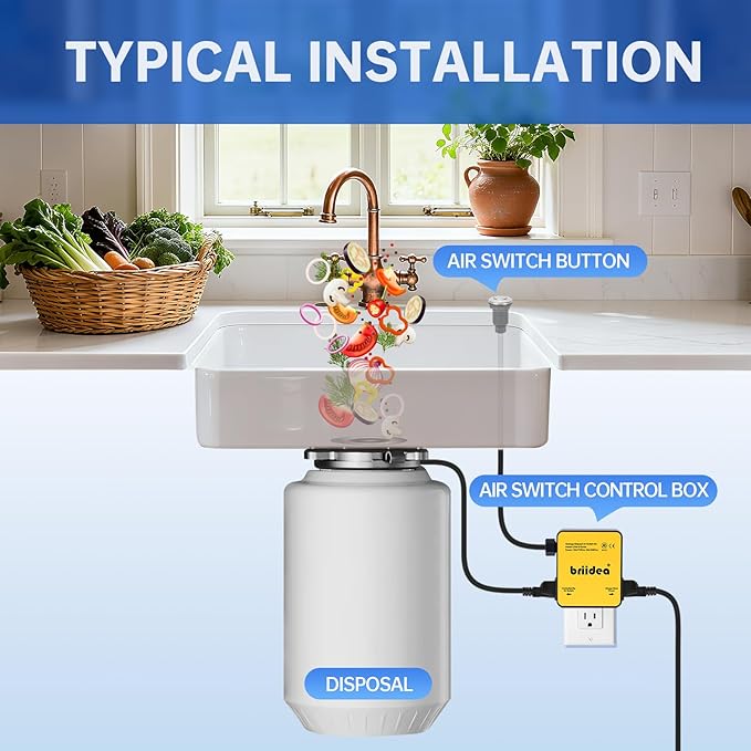 Garbage Disposal Air Switch Kit Dual Outlet Sink Top Waste Disposal Long Stainless Steel Polished On/Off Air Button Food and Waste Disposals Part by Briidea, UL Listed