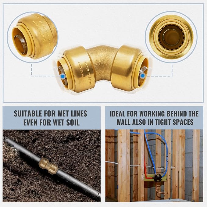 SUNGATOR 3/4 Inch 45 Degree Elbow, No Lead Brass Plumbing Fittings Push to Connect PEX Pipe, Copper, CPVC, PE-RT, with 1 Disconnect Clip, Pack of 3