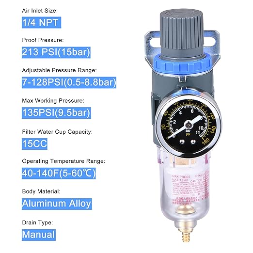 1/4 Inch NPT Air Filter Pressure Regulator, Water-Trap Air Tool Compressor Filter with Gauge AFR2000